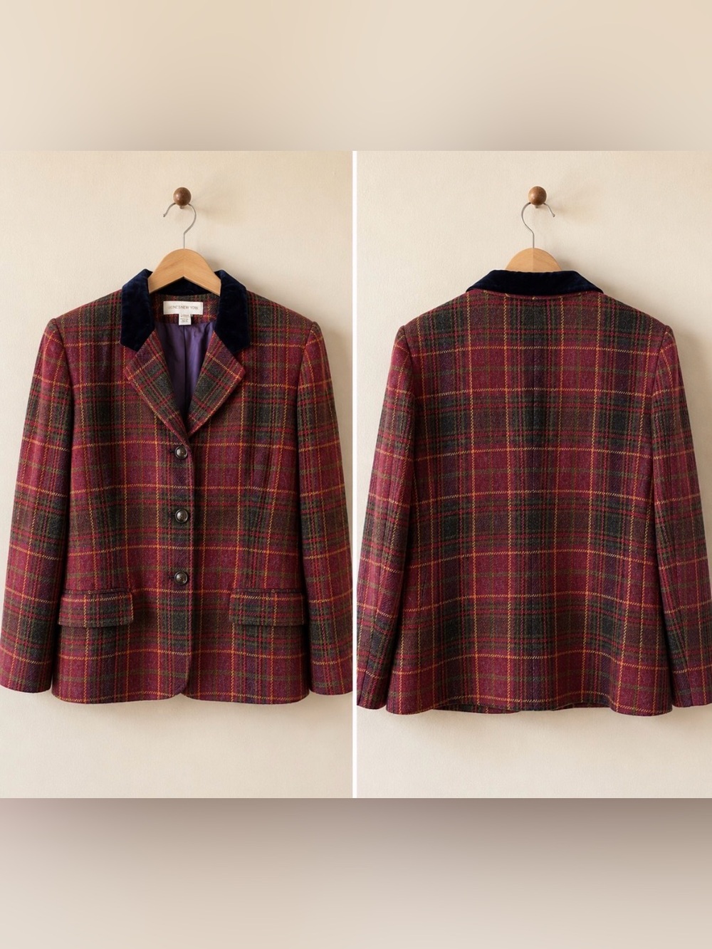 Jones New York - vintage 90s - Burgundy Plaid Wool Blazer w:Navy Velvet collar